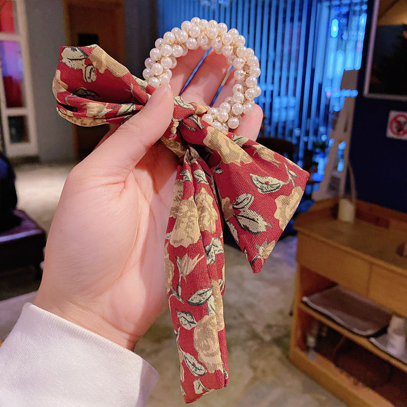 Pearl Hair Tie Broken Flower Bow Ribbon Rubber Band Hair Strap Female Hair Tie Strap Hair Accessories - 24 Timmar Deals
