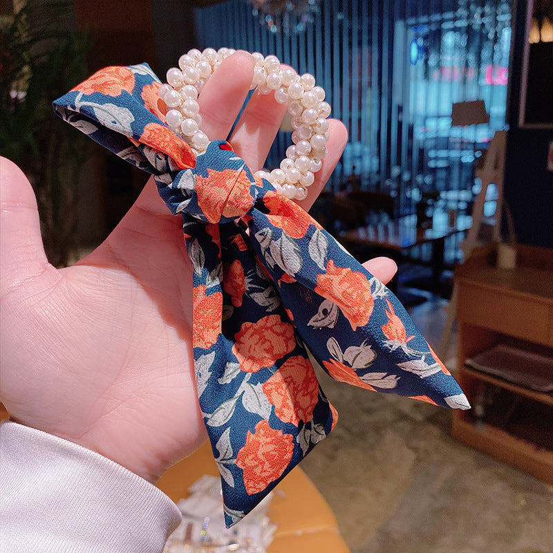 Pearl Hair Tie Broken Flower Bow Ribbon Rubber Band Hair Strap Female Hair Tie Strap Hair Accessories - 24 Timmar Deals