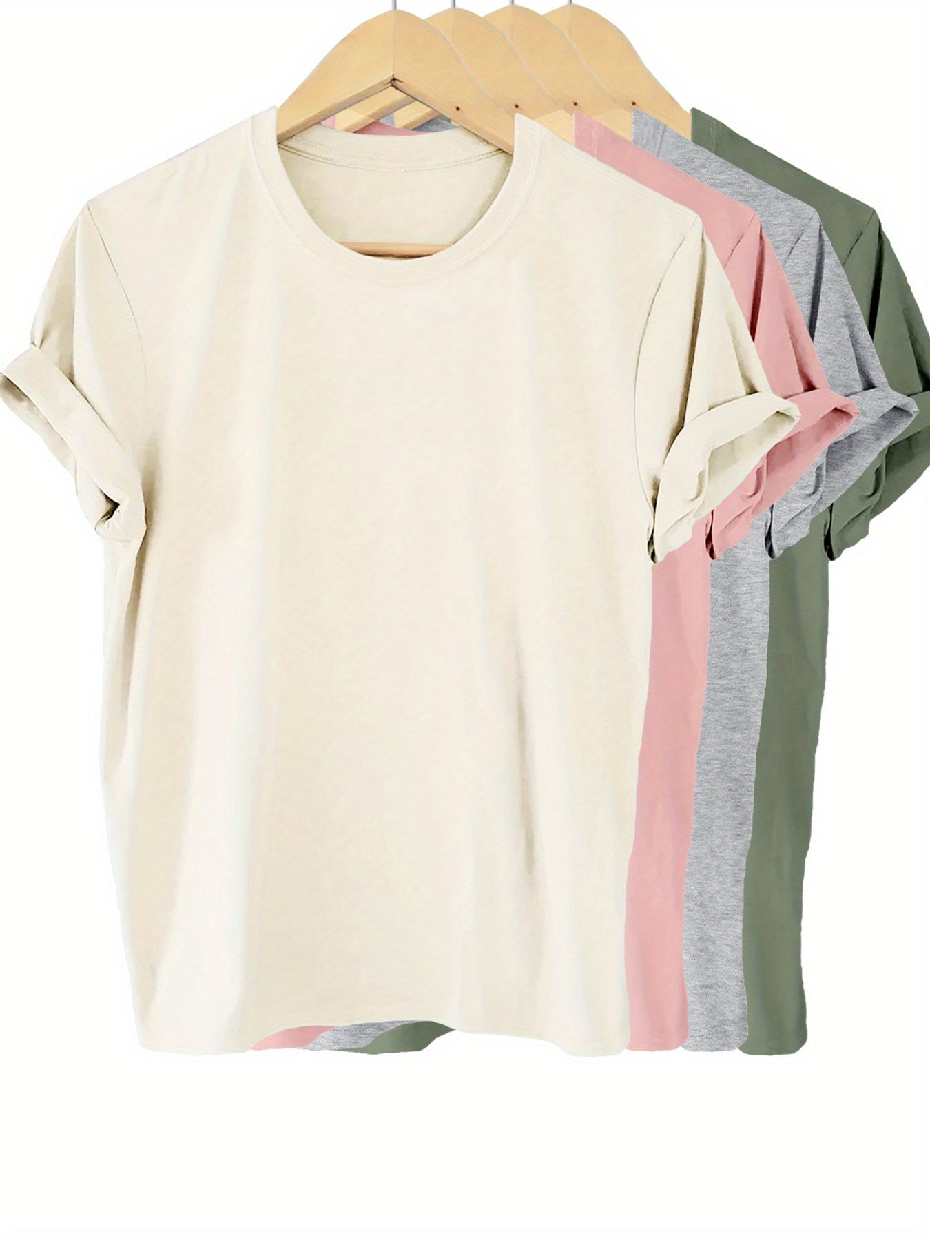 4 stycken enfärgade T-shirts, kortärmad rundhalsad topp för sommar och vår, damkläder