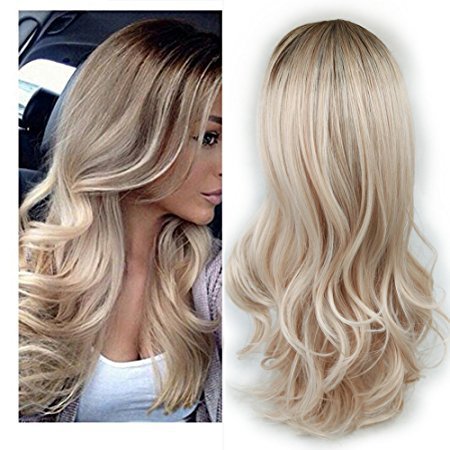 Wig with bangs long curly hair blonde synthetic 18inch