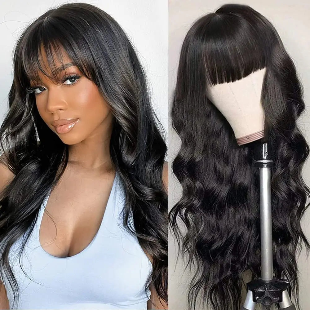 Body Wave människohår peruker med lugg Fringe peruk brasilianskt hår - 24 Timmar Deals