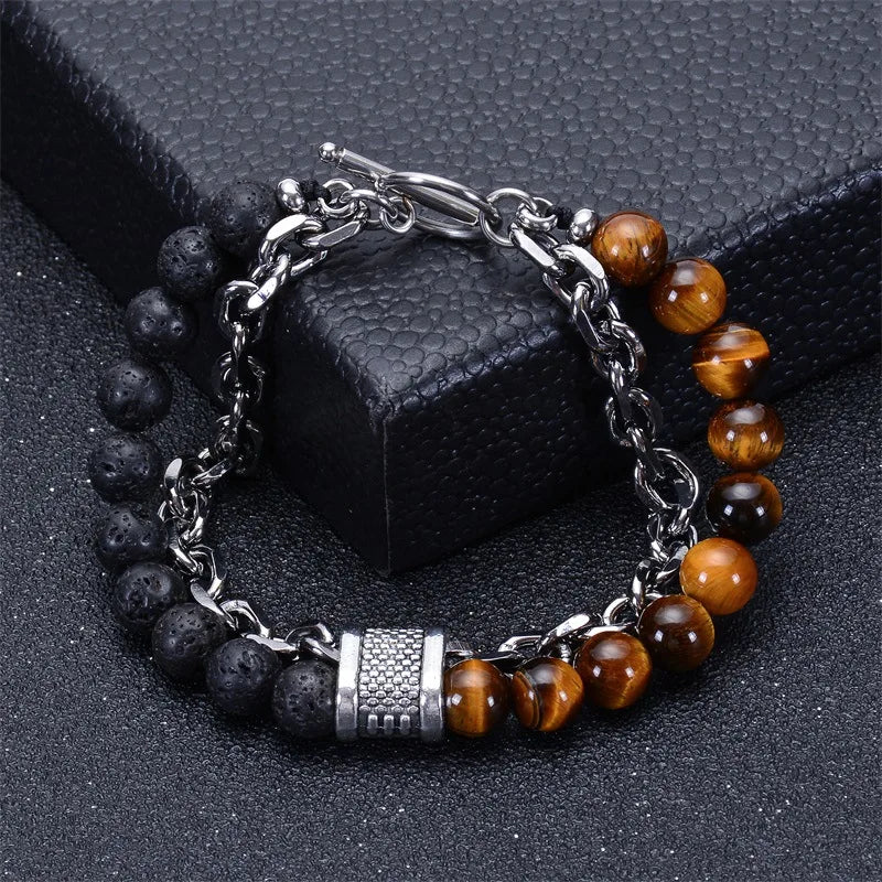 8mm Double Layer Natural Tiger's Eye Stone Handmade Lava Stone Beads Stainless Steel Buckle Bracelet - 24 Timmar Deals