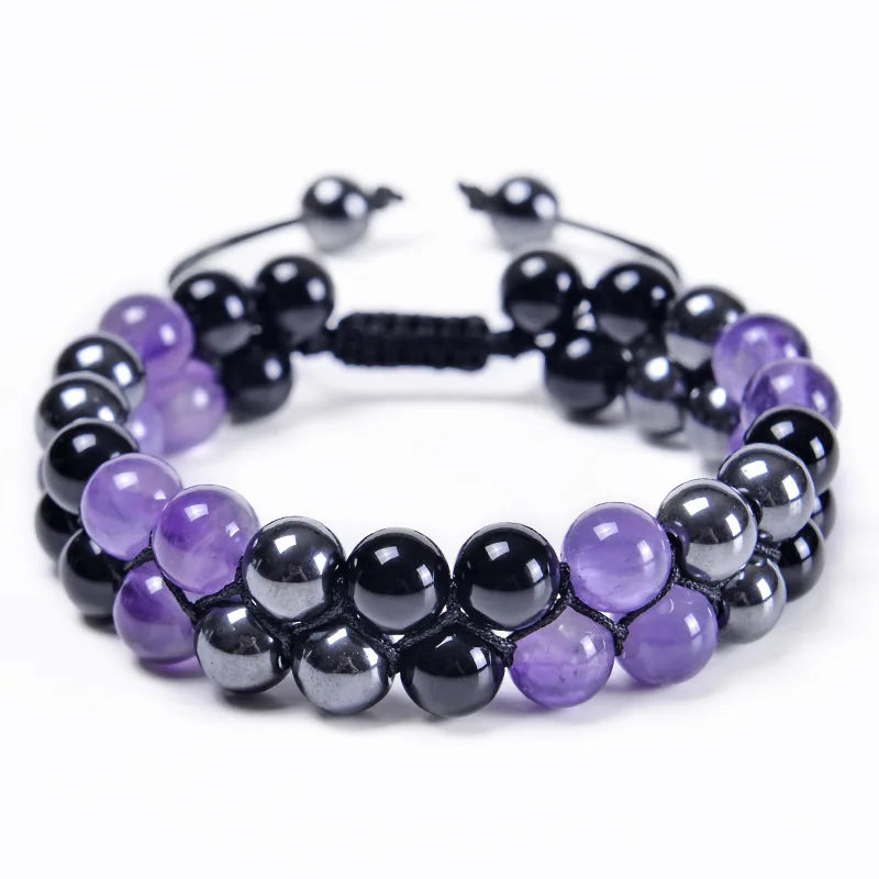 Natural Stone Amethyst Double Layer Handmade Adjustable Elastic Black Magnet Beaded Bracelet - 24 Timmar Deals