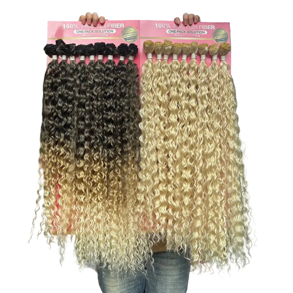 Set med 9 buntar syntetiskt hår för vävning – Water Wave/Jerry Curly-stil – Värmetålig fiber av bio-ekologiskt protein