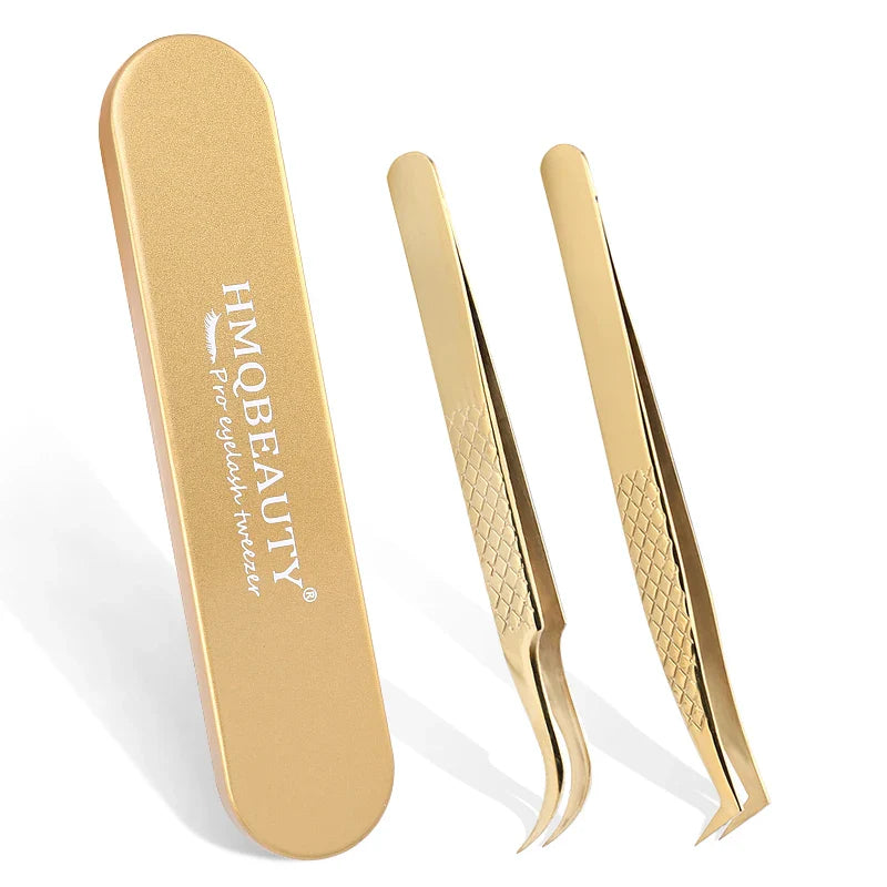 2 ST Ögonfranspincettset Professionellt ögonfransförlängningsverktyg i rostfritt stål Guld Antistatisk pincettförvaringslåda - 24 Timmar Deals