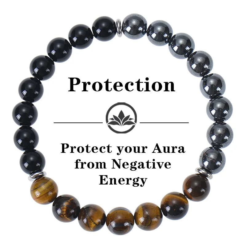 8MM Round Tiger's Eye Black Gallstone Obsidian Triple Protection Beaded Bracelets
