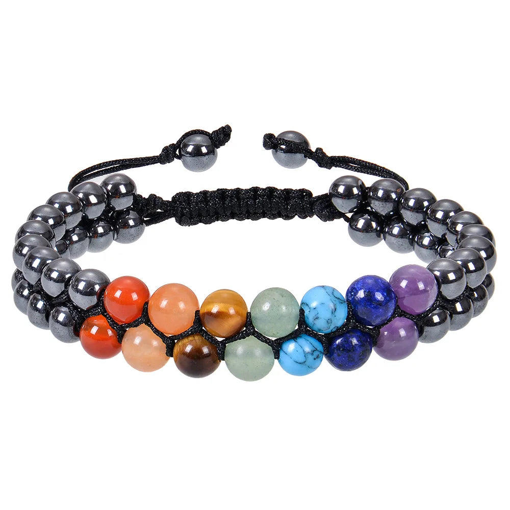 6mm Natural Double Layer Bracelet Adjustable Seven Color Stone Handmade  Black magnet bracelet