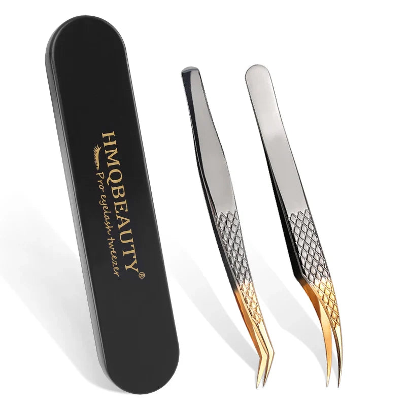 2 ST Ögonfranspincettset Professionellt ögonfransförlängningsverktyg i rostfritt stål Guld Antistatisk pincettförvaringslåda - 24 Timmar Deals