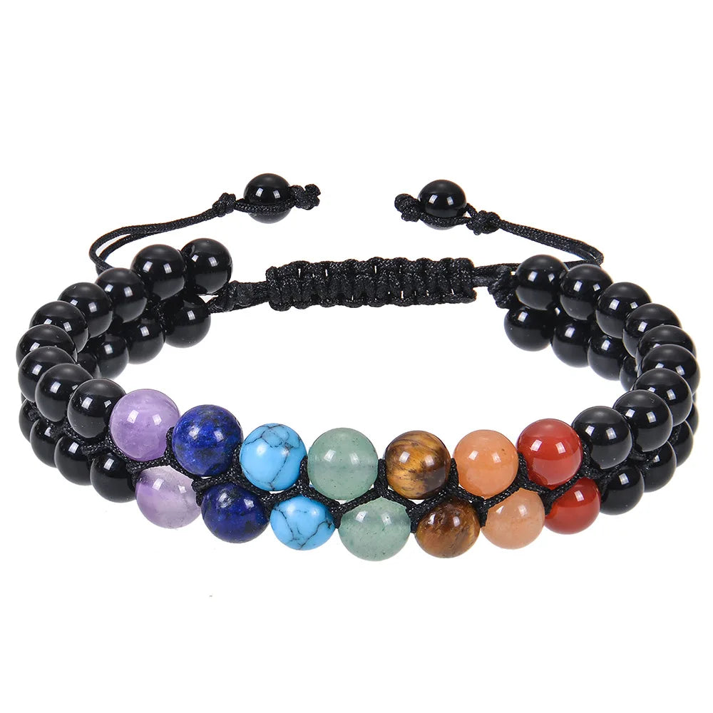 6mm Natural Double Layer Bracelet Adjustable Seven Color Stone Handmade  Black onyx bracelet