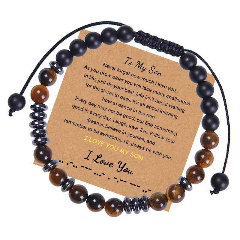 Morse Code Bracelet Letter Natural Tiger Eye Stone Adjustable Handmade Braided Card Bead Bracelet - 24 Timmar Deals