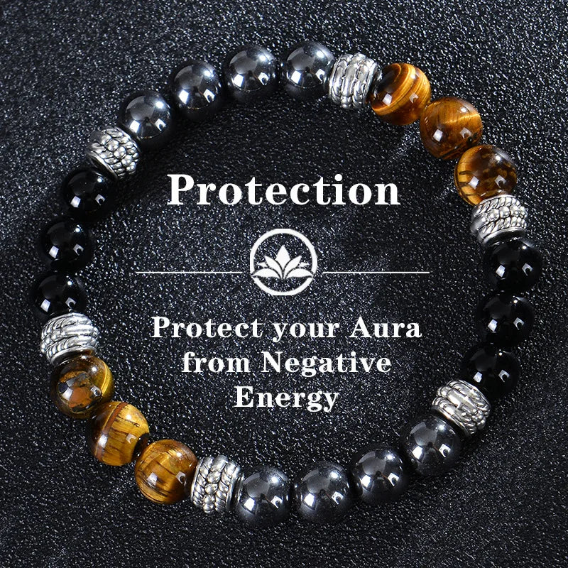 8MM Round Tiger's Eye Black Gallstone Obsidian Triple Protection Beaded Bracelets - 24 Timmar Deals