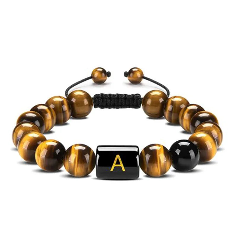 Handmade Adjustable A-Z Initials Bracelet 10MM Natural Stone Black Onyx Tiger - 24 Timmar Deals