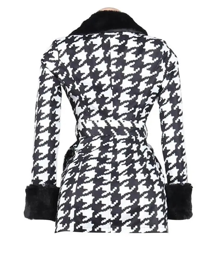 Dubbelknäppt kappa med fluffig kant och Houndstooth-tryck - 24 Timmar Deals