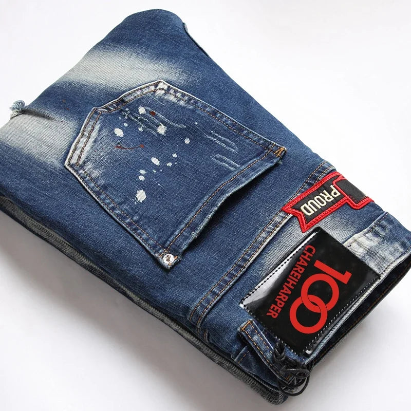 dsq071 Herrjeans Stretchkomplex tvättvatten handmålade - 24 Timmar Deals
