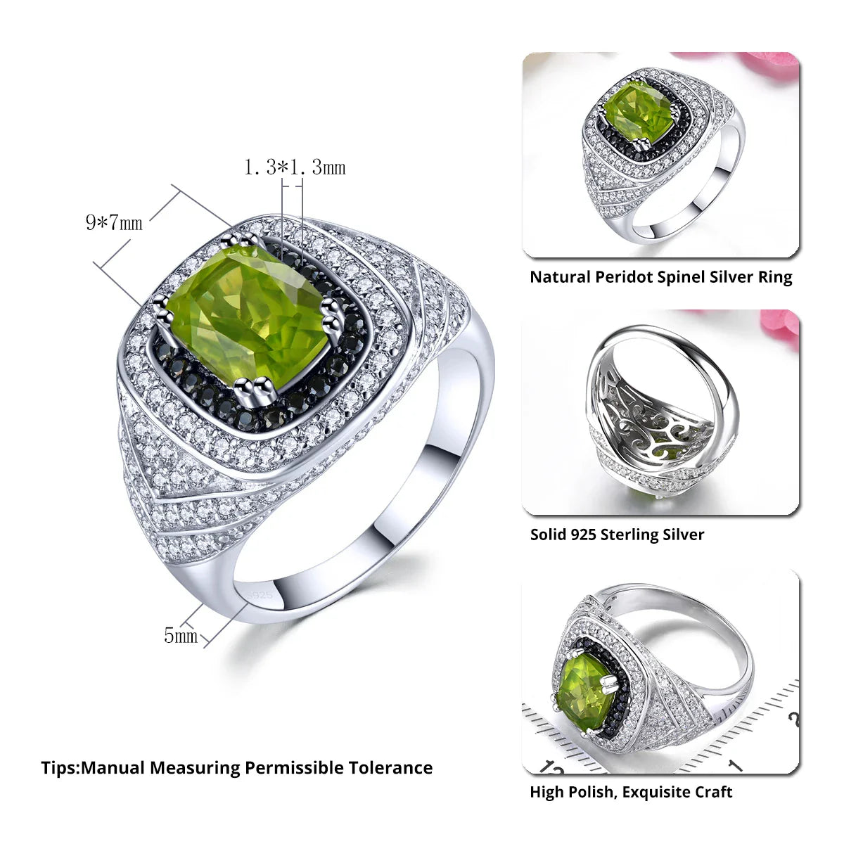 Peridot Black Spinel Solid Sterling Silver Ringar Unisex Style 3,2 karat äkta ädelsten - 24 Timmar Deals