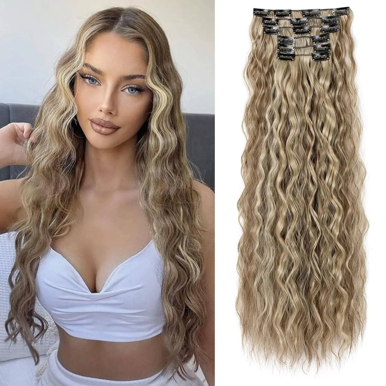 Clip In Hair Extensions 16 CLips 22 Inch Long Water Wave Synthetic Hair - 24 Timmar Deals