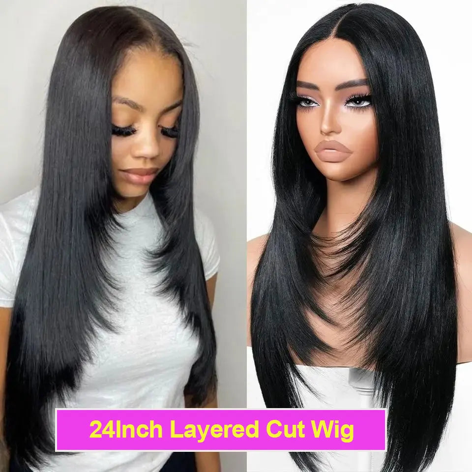Brasiliansk Remy Layered Lace Front Peruk Mänskligt hår Layered Cut Rak Peruk - 24 Timmar Deals