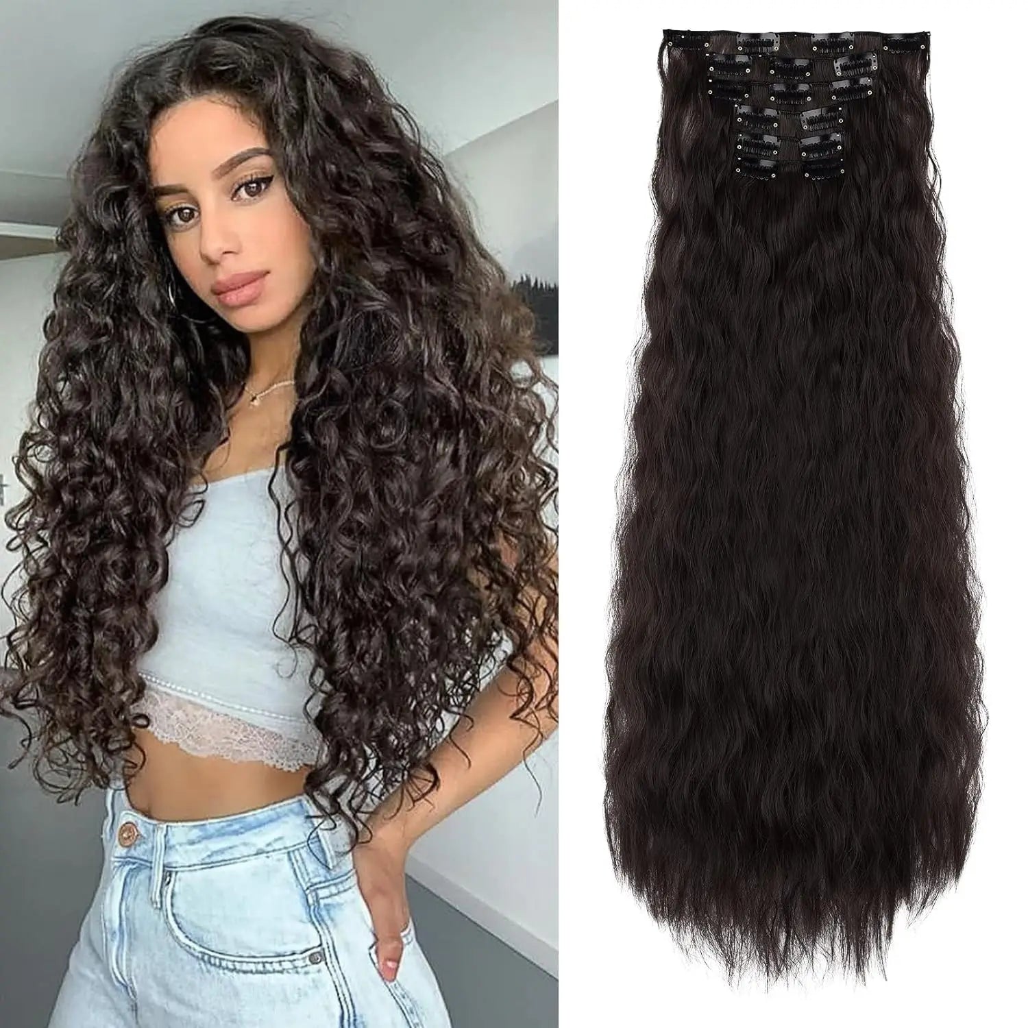 Clip In Hair Extensions 16 CLips 22 Inch Long Water Wave Synthetic Hair - 24 Timmar Deals