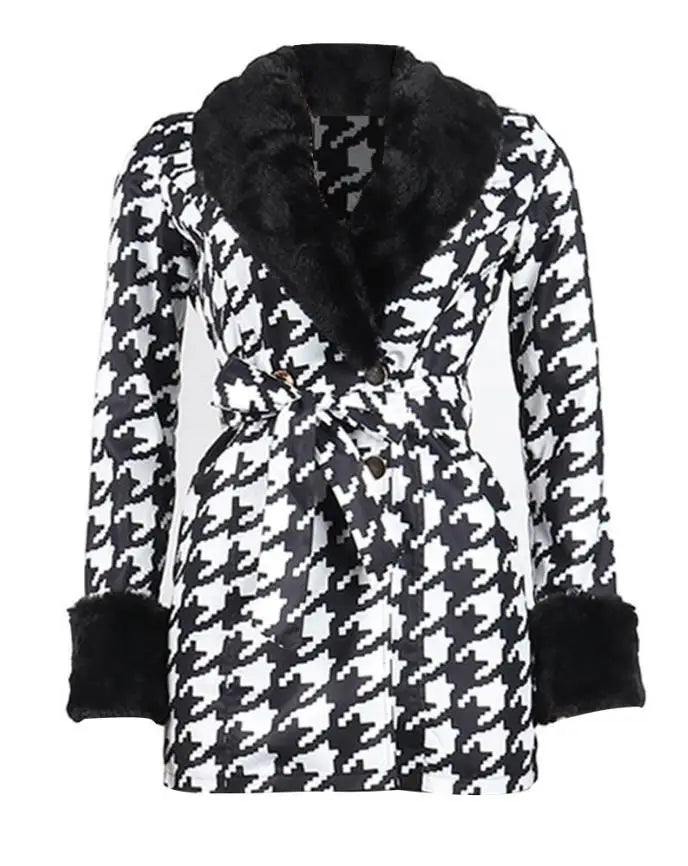 Dubbelknäppt kappa med fluffig kant och Houndstooth-tryck - 24 Timmar Deals