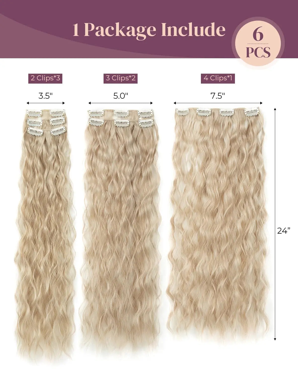 Clip In Hair Extensions 16 CLips 22 Inch Long Water Wave Synthetic Hair - 24 Timmar Deals