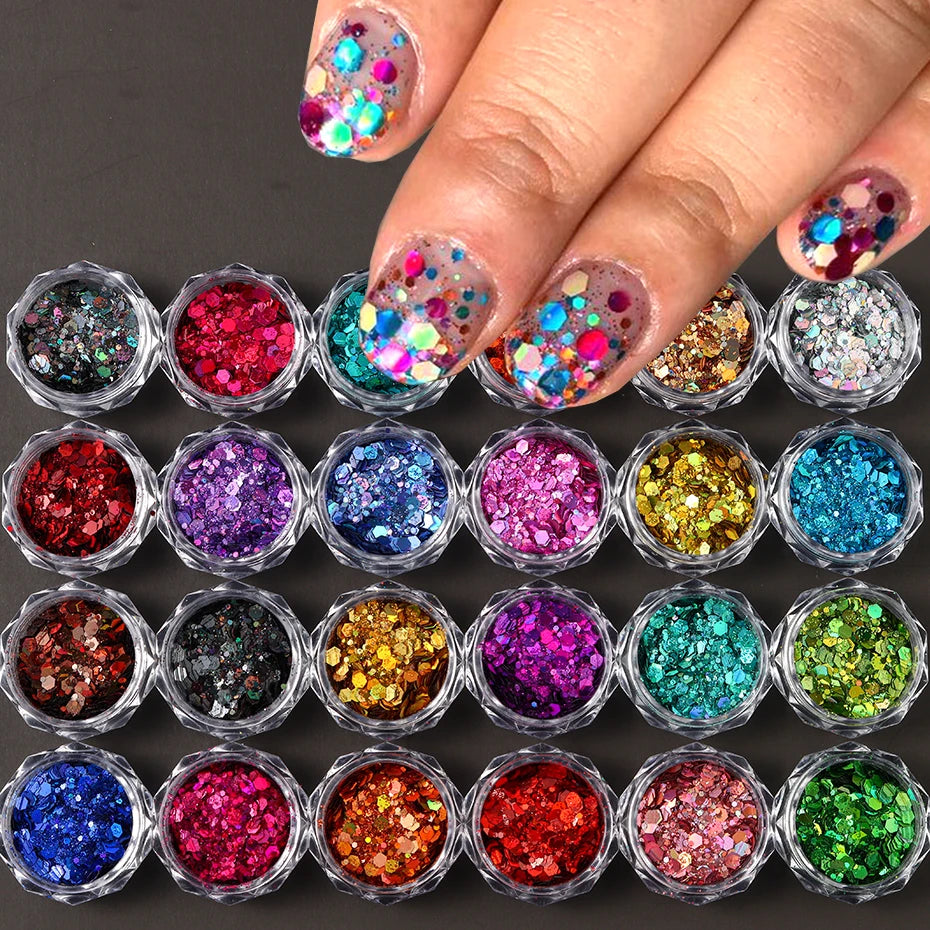 24 Colors Iridescent Nail Art Glitter Sequins Set Holographic - 24 Timmar Deals