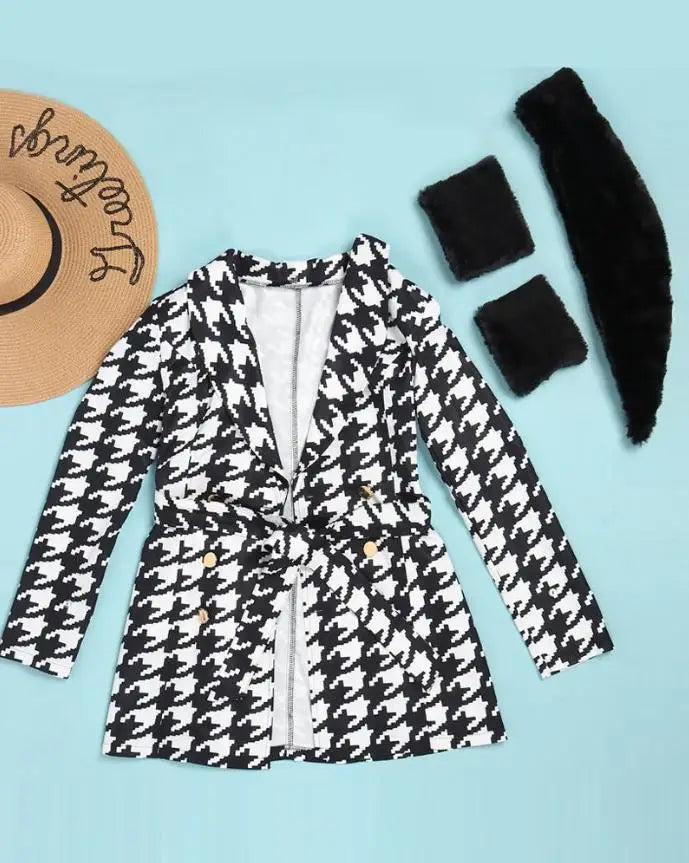 Dubbelknäppt kappa med fluffig kant och Houndstooth-tryck - 24 Timmar Deals