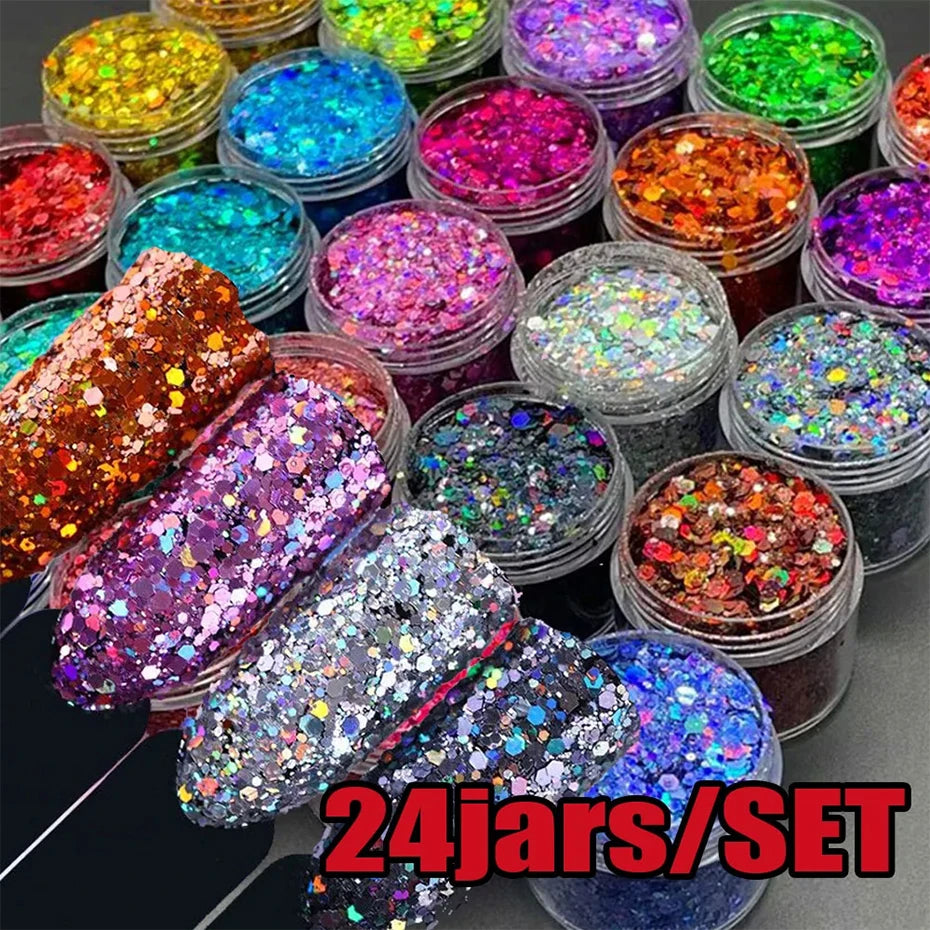 24 färger iriserande nageldekoration glitter paljetter set holografiska - 24 Timmar Deals
