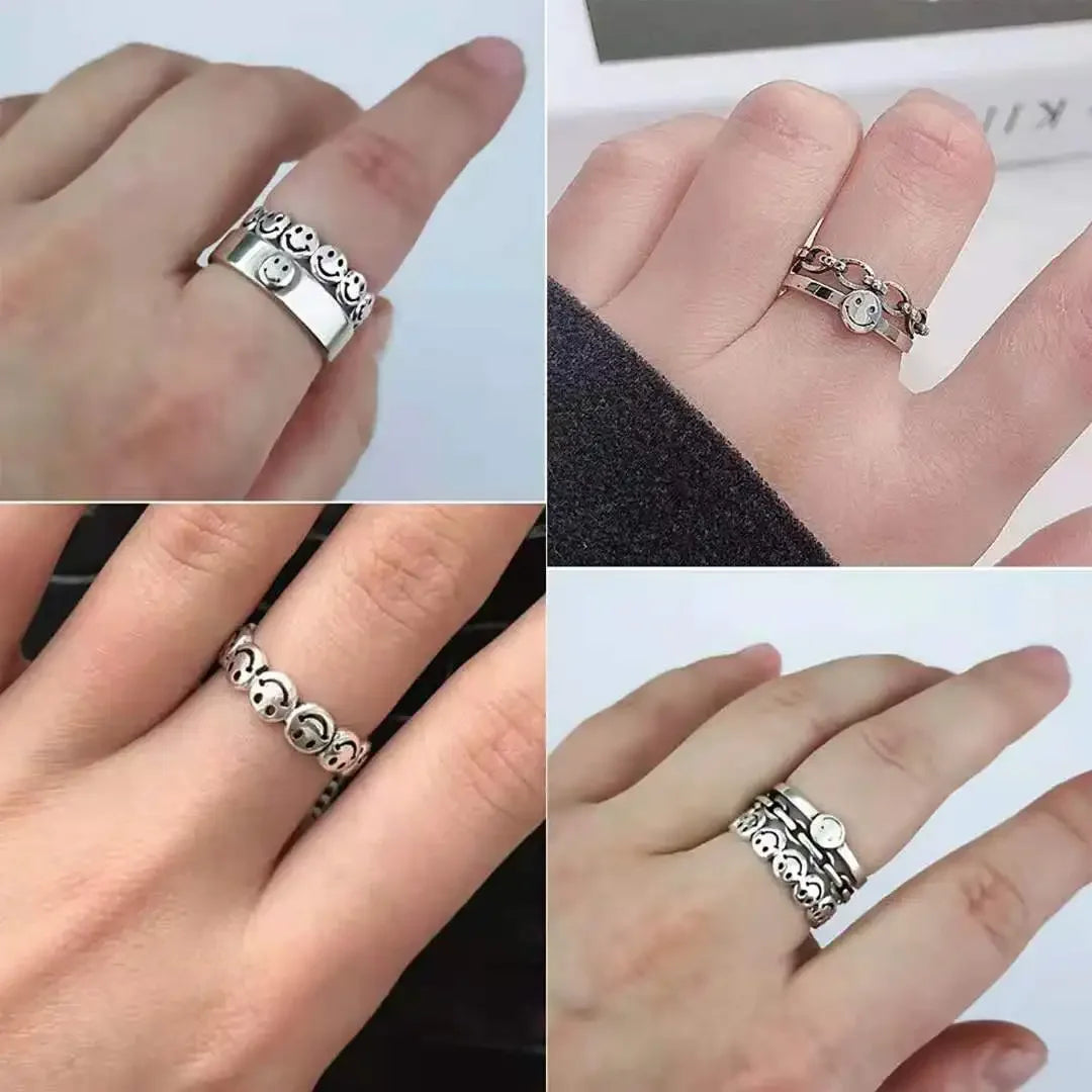 Retro Happy Faces Rings for Men Punk Style Circle Hollow Open Adjustable Smile Ring - 24 Timmar Deals