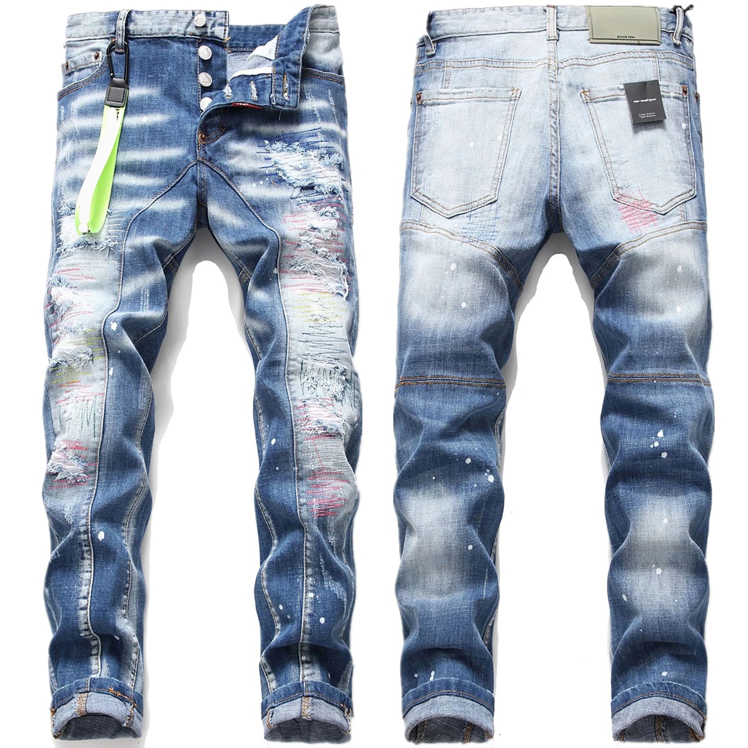 Slim fit sömmar för män, blå jeansbyxor av hög kvalitet, vitt bläckstänk, repor - 24 Timmar Deals