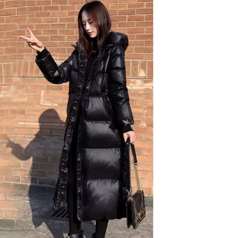Lång Bright Puffer Coat Höst Vinter Varm Dam Svart Parka Dunjacka Storlek L-3XL - 24 Timmar Deals
