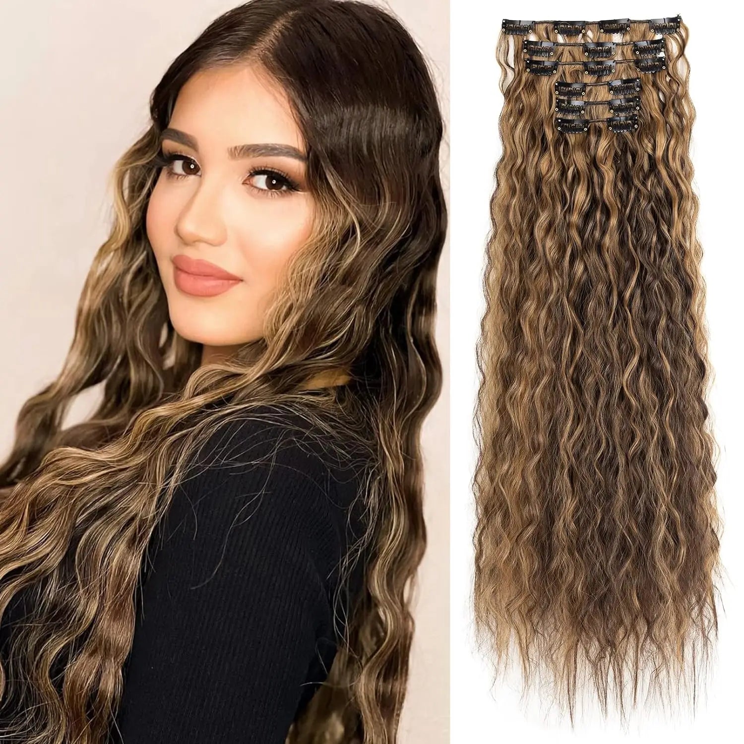 Clip In Hair Extensions 16 CLips 22 Inch Long Water Wave Synthetic Hair - 24 Timmar Deals