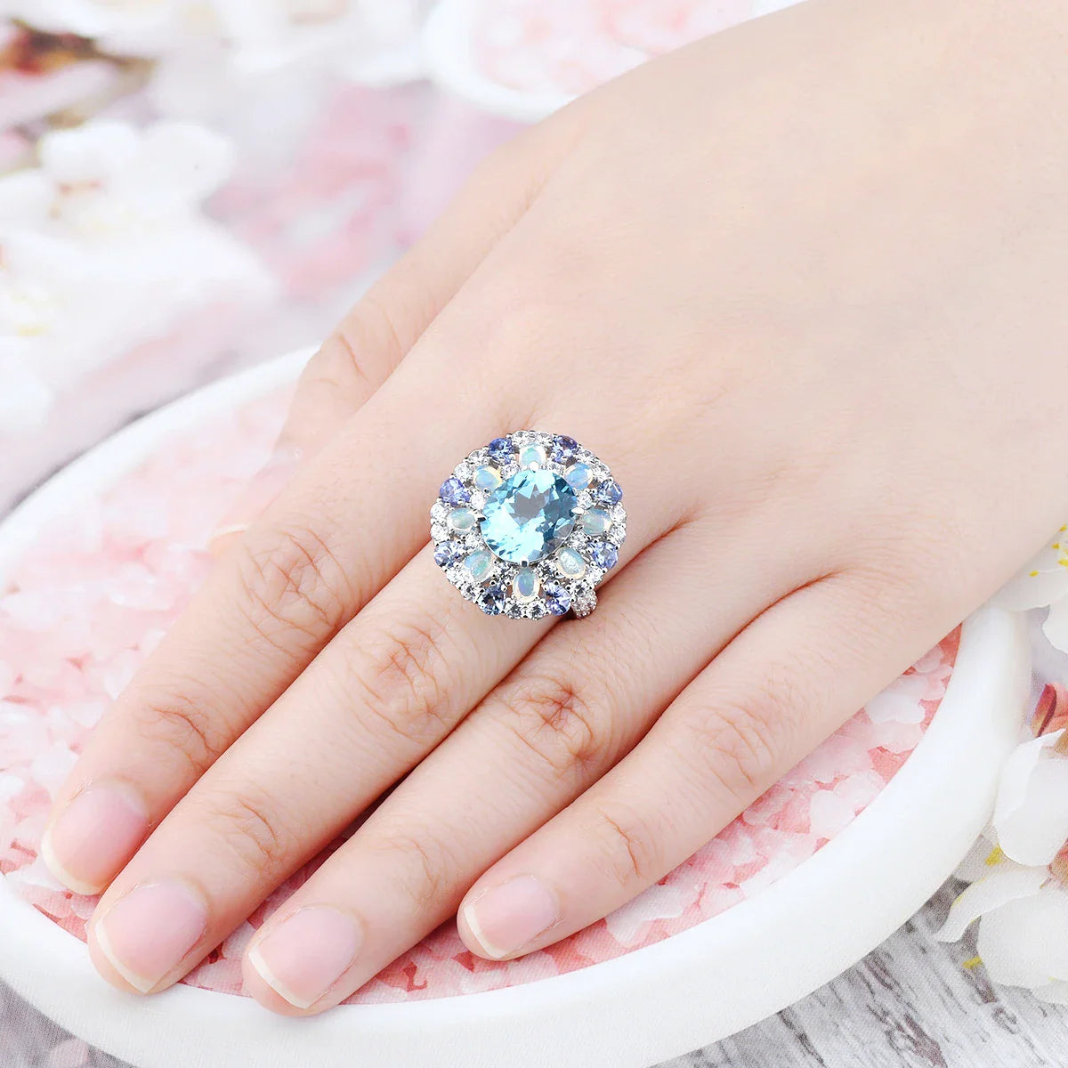 Blå Topaz Sterling Silver Ringar 8 karat Äkta Tananite Opal Multicolor - 24 Timmar Deals