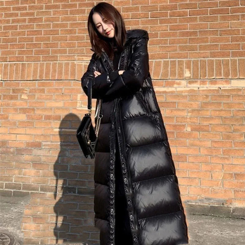 Lång Bright Puffer Coat Höst Vinter Varm Dam Svart Parka Dunjacka Storlek L-3XL - 24 Timmar Deals