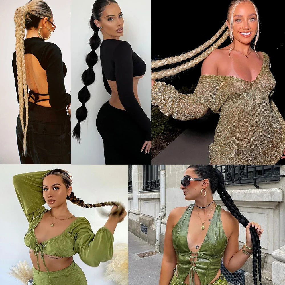 Ponytail Extensions Syntetiska boxningsflätor lindade Chignon-svans med gummiband Hårring 34" - 24 Timmar Deals