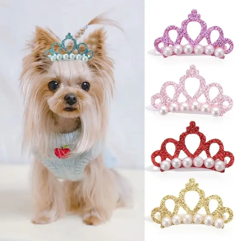 Valp Fake Pearl Crown Bow Hårklämma Söt Pet Head Decoration - 24 Timmar Deals