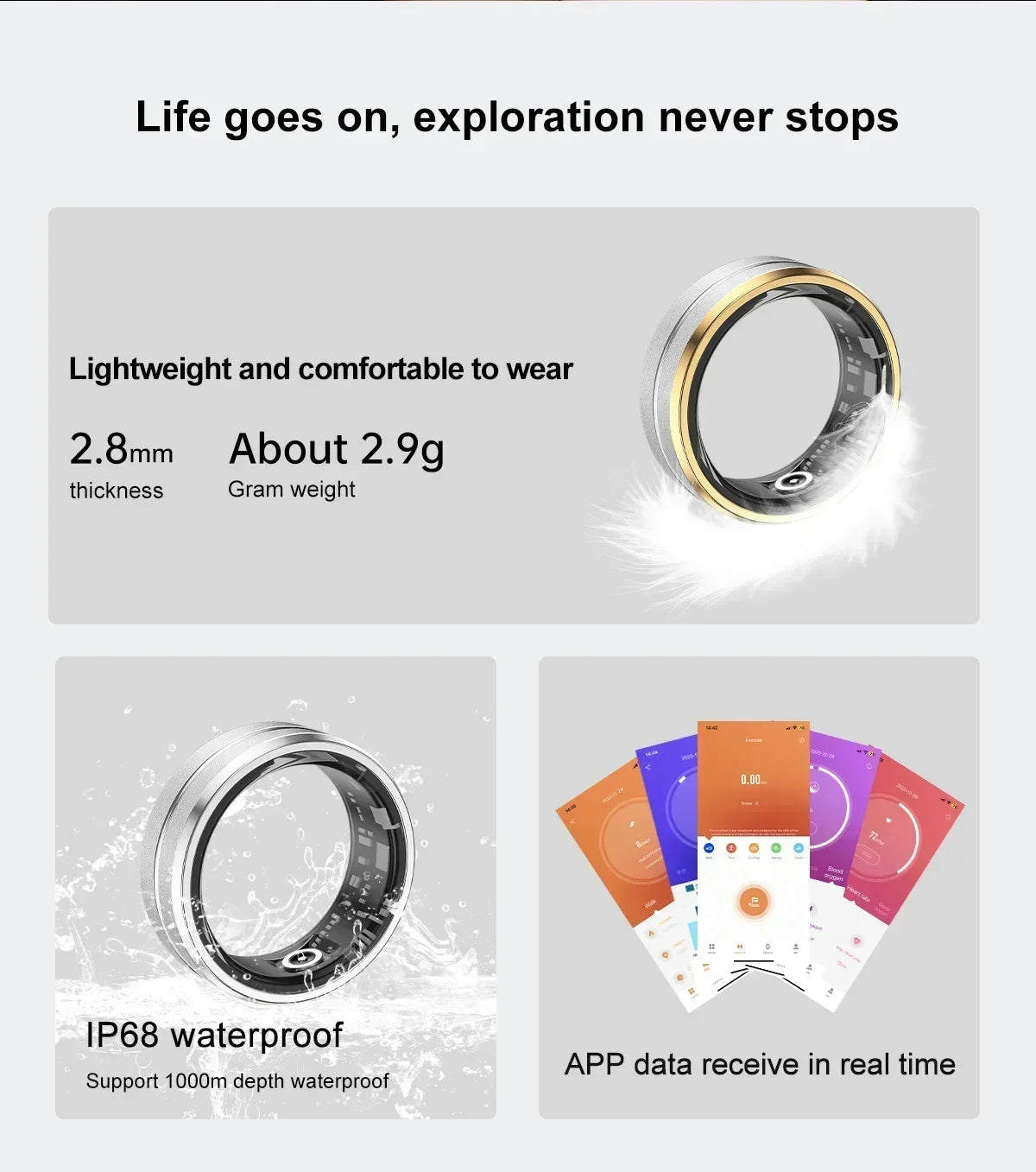 Smart Ring Steel Shell Sömnhälsoövervakning 3ATM Vattentät multisportlägesring för Xiaomi, Huawei, IOS - 24 Timmar Deals