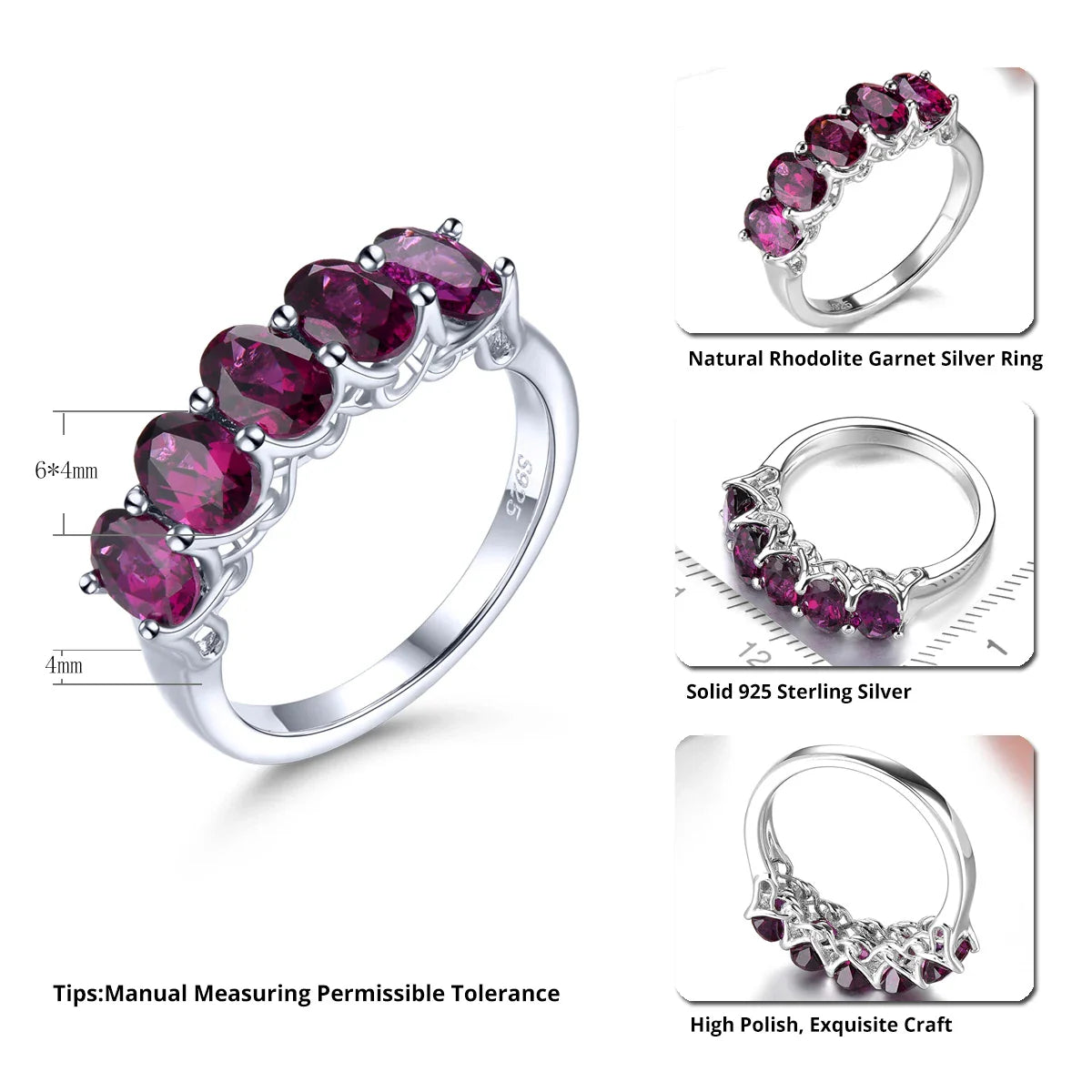 Rhodolite Granat Solid Sterling Silver Ringar 2,8 karat Äkta Ädelsten Rose Granat - 24 Timmar Deals
