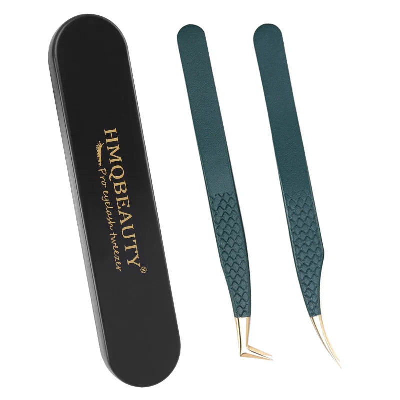 2 ST Ögonfranspincettset Professionellt ögonfransförlängningsverktyg i rostfritt stål Guld Antistatisk pincettförvaringslåda - 24 Timmar Deals