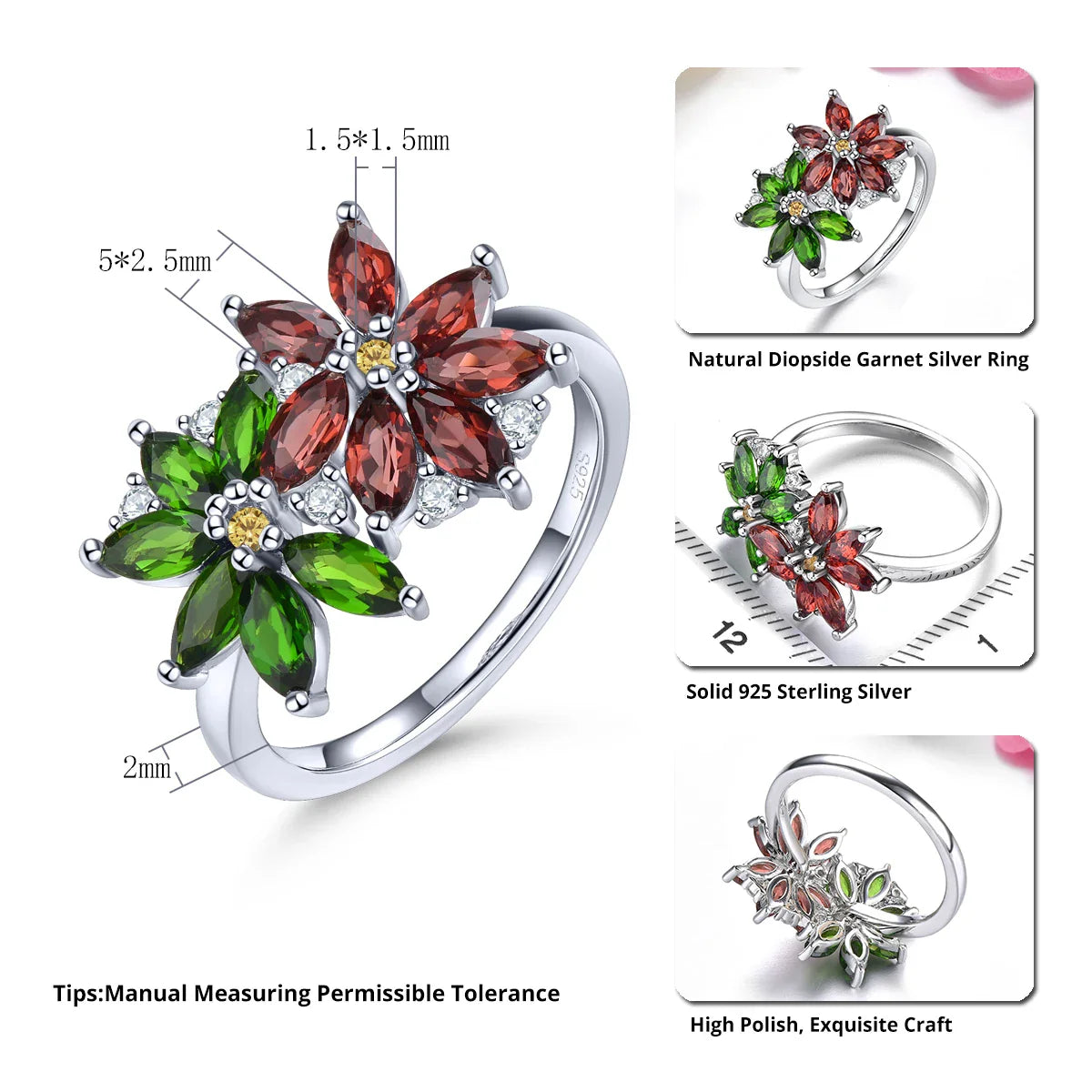 Diopsid Granat Solid Silver Dam Ring 2,2 karat Ädelsten - 24 Timmar Deals