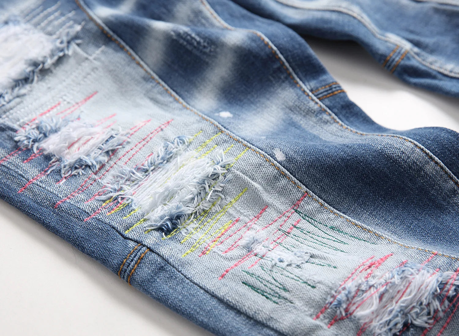 Slim fit sömmar för män, blå jeansbyxor av hög kvalitet, vitt bläckstänk, repor - 24 Timmar Deals