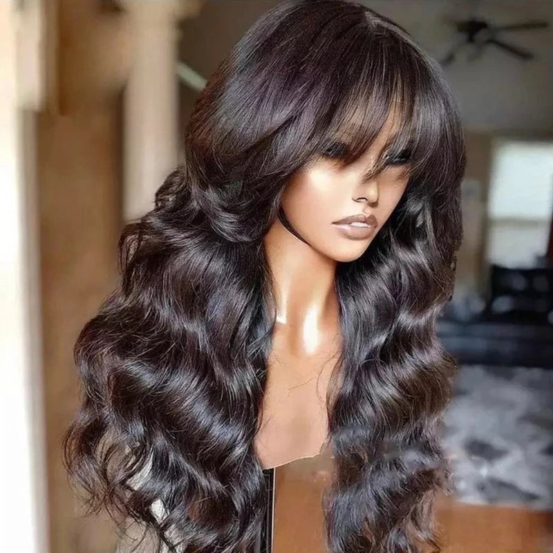 Body Wave människohår peruker med lugg Fringe peruk brasilianskt hår - 24 Timmar Deals