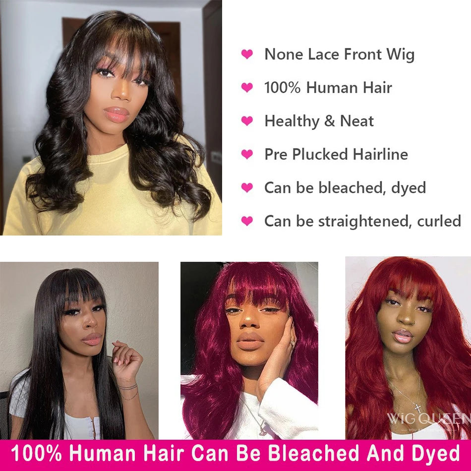 Body Wave människohår peruker med lugg Fringe peruk brasilianskt hår - 24 Timmar Deals