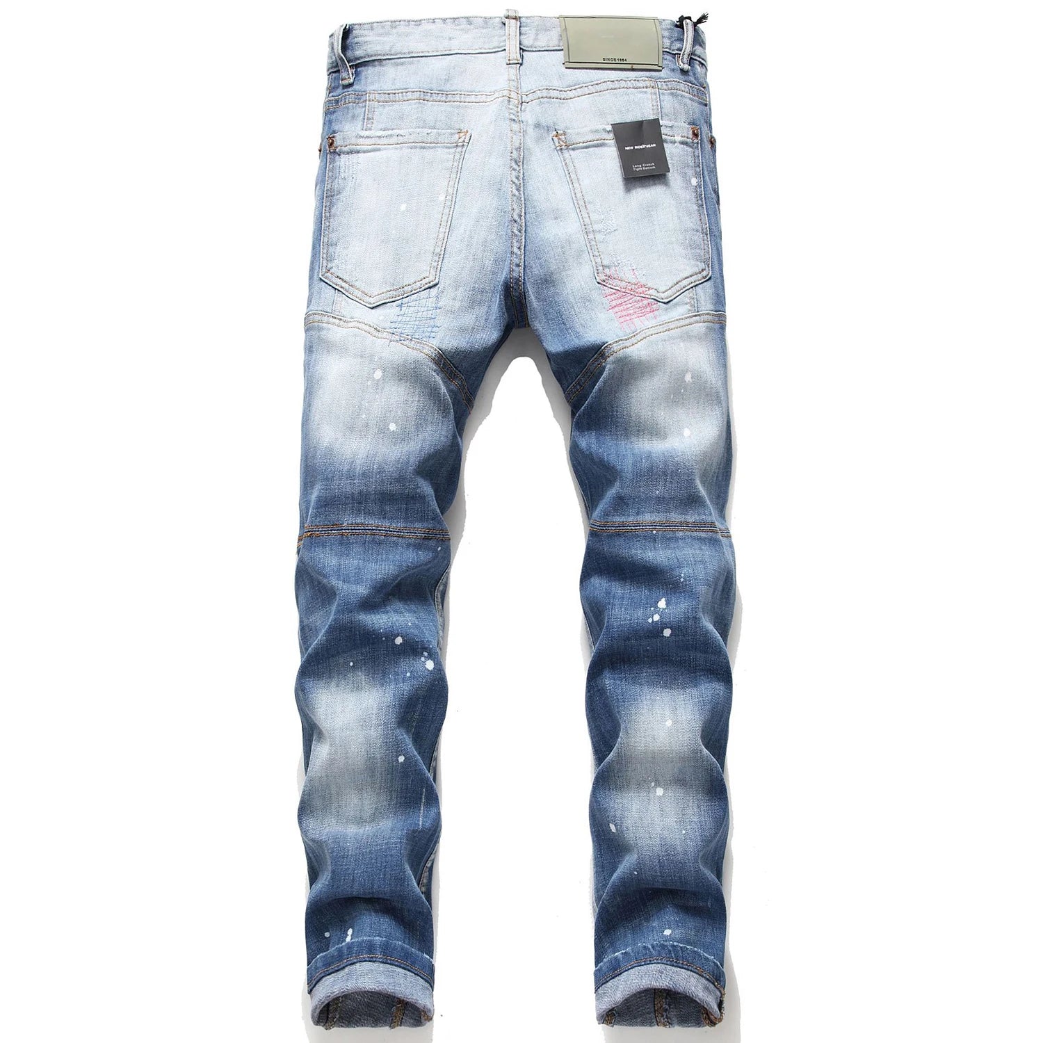 Slim fit sömmar för män, blå jeansbyxor av hög kvalitet, vitt bläckstänk, repor - 24 Timmar Deals