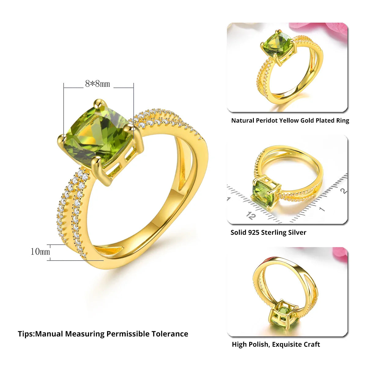 Peridot Sterling Silver Ringar Gulguldpläterade 2,5 karat äkta Peridot S925 smycken - 24 Timmar Deals