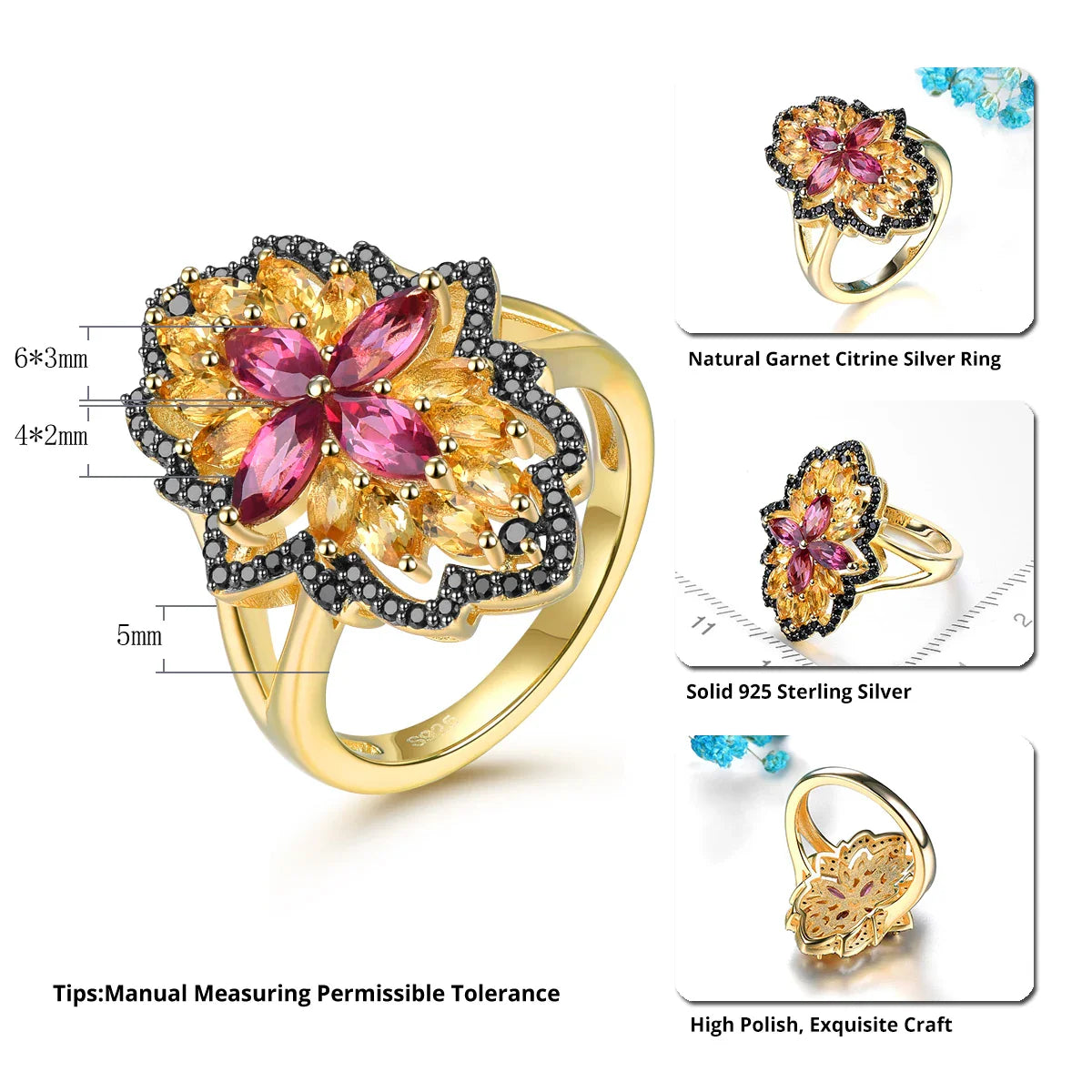 Citrin Rhodolite Granat Solid Silver Ringar 2,5 karat Äkta Ädelsten Svart Spinell - 24 Timmar Deals