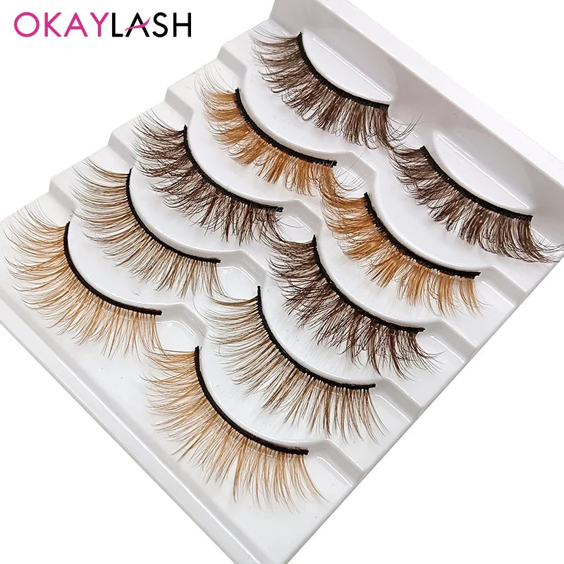 5 Pairs Mix Brown Colored Eyelashes 3D Natural Fluffy Coffee Color Lashes Extension Wholesale Supplies - 24 Timmar Deals