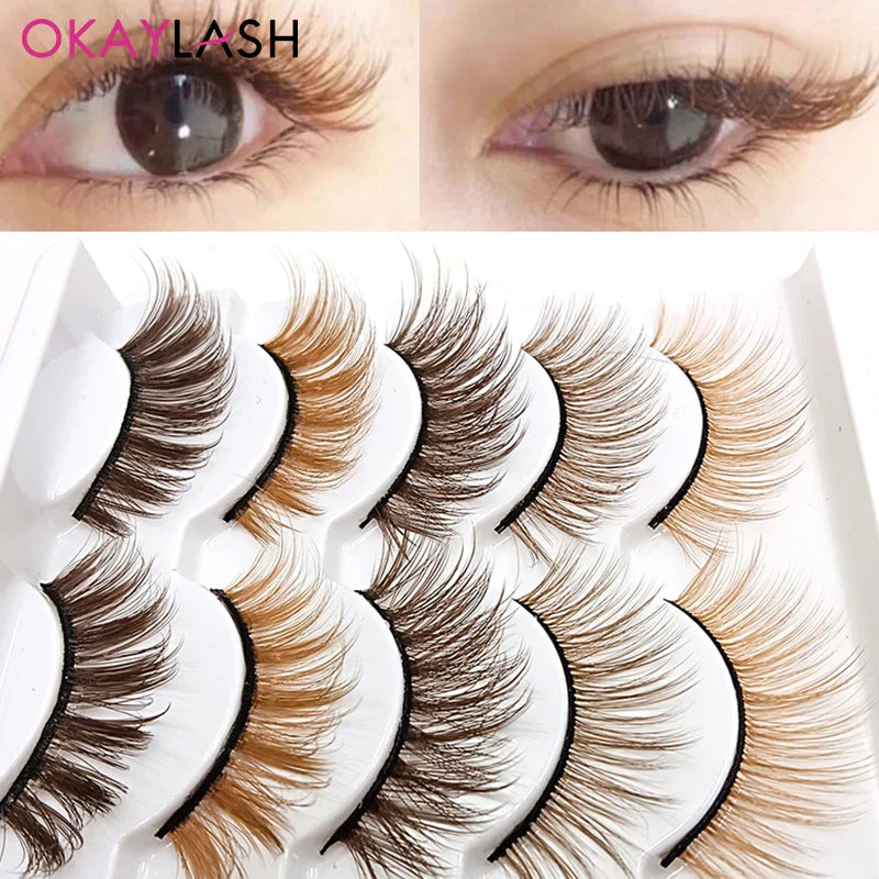 5 Pairs Mix Brown Colored Eyelashes 3D Natural Fluffy Coffee Color Lashes Extension Wholesale Supplies - 24 Timmar Deals
