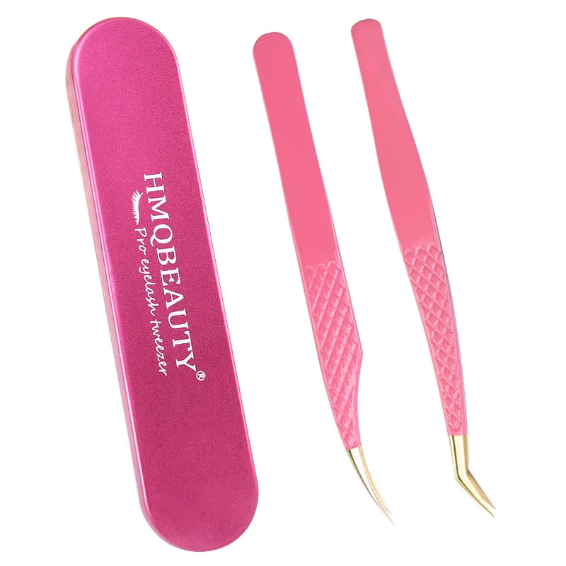 2 ST Ögonfranspincettset Professionellt ögonfransförlängningsverktyg i rostfritt stål Guld Antistatisk pincettförvaringslåda - 24 Timmar Deals