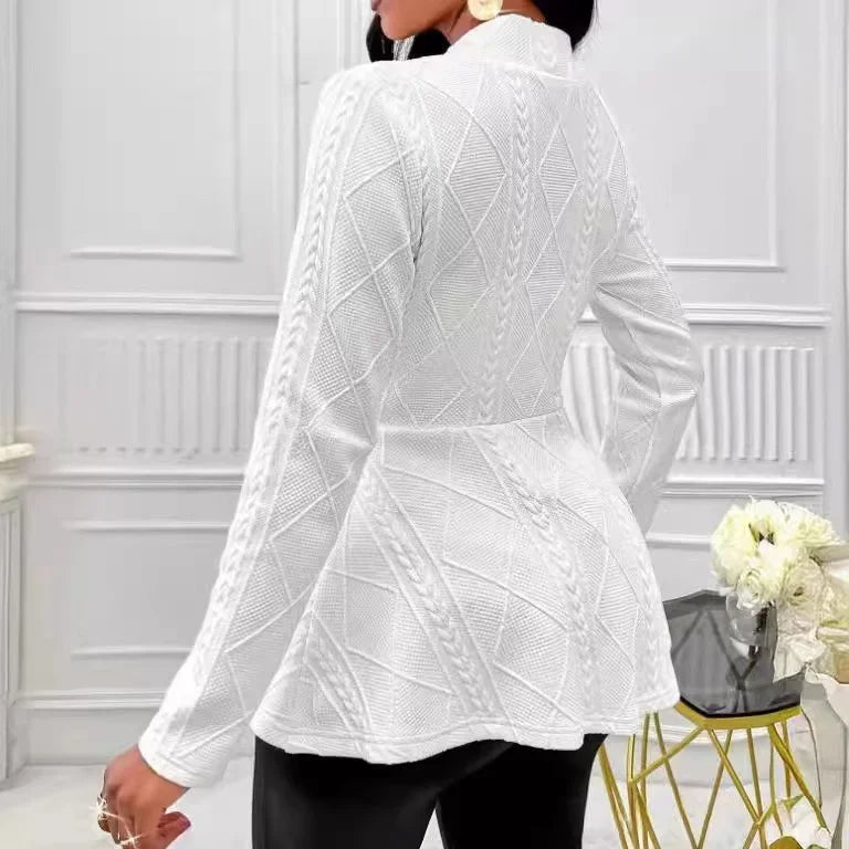 Chic texturerad jacka med pärlknappar V-ringad volang Elegans Ytterkläder med långa ärmar - 24 Timmar Deals