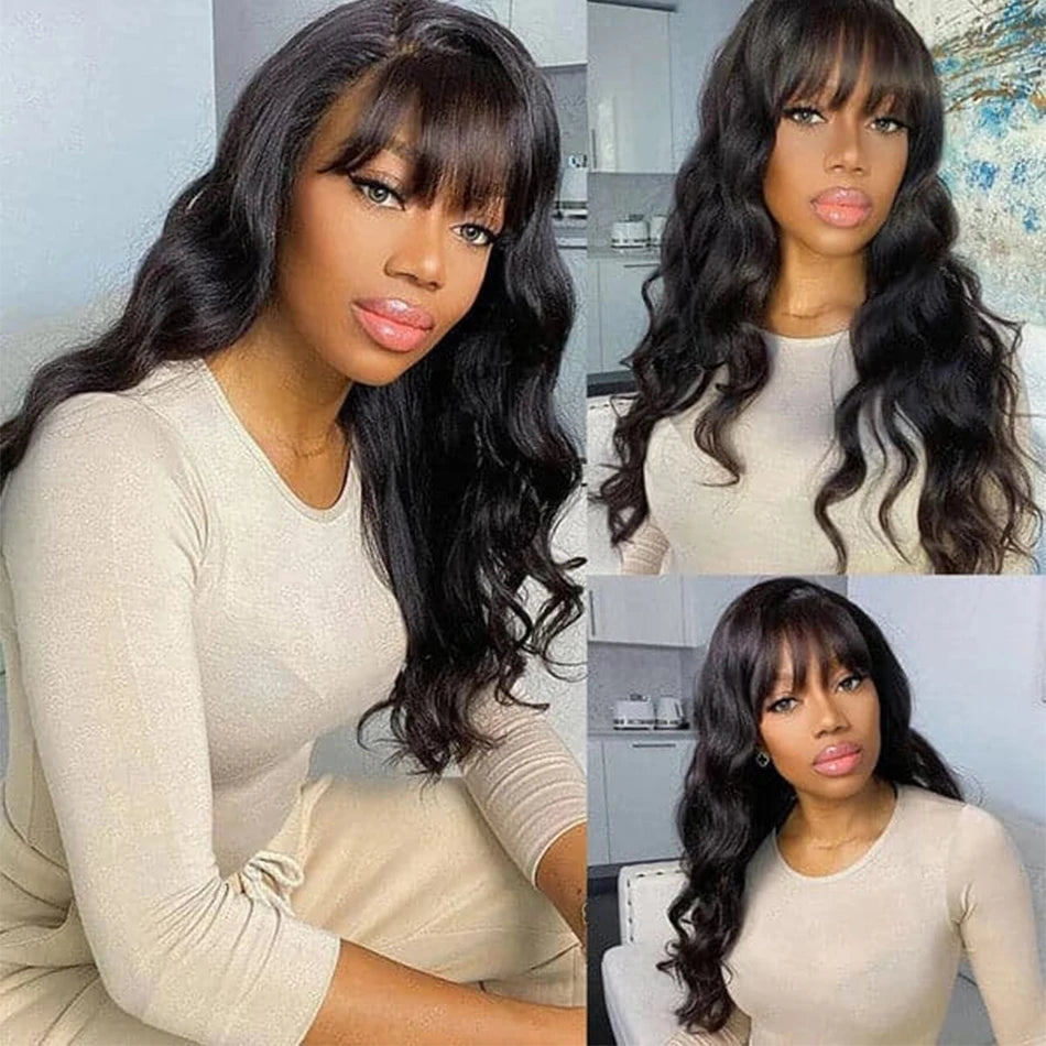 Body Wave människohår peruker med lugg Fringe peruk brasilianskt hår - 24 Timmar Deals